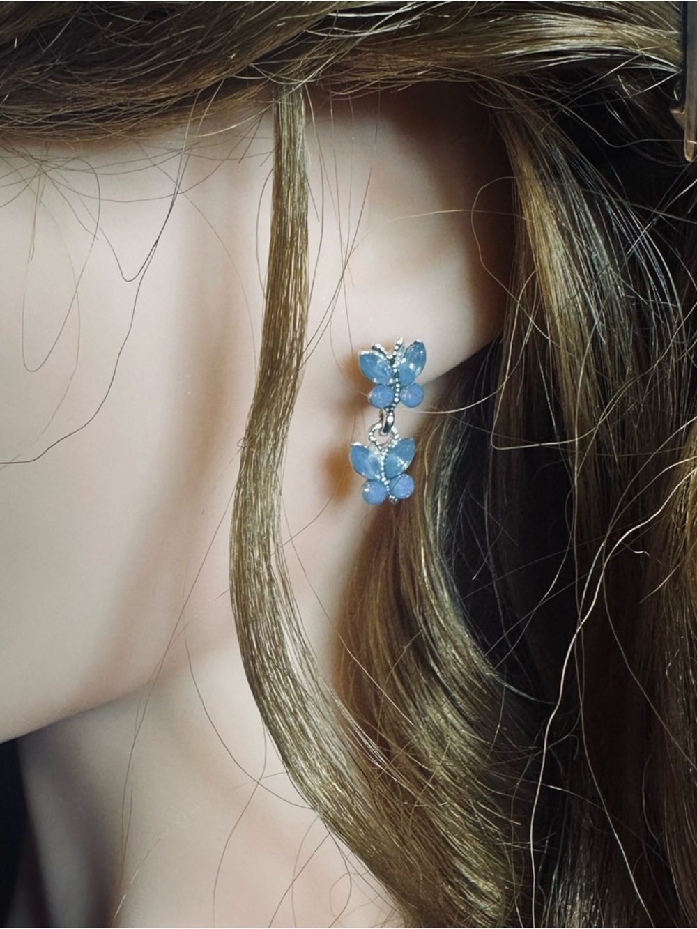 Blue Butterfly Dangle Earrings Silver Tone Double Butterfly Statement - Picture 3 of 11
